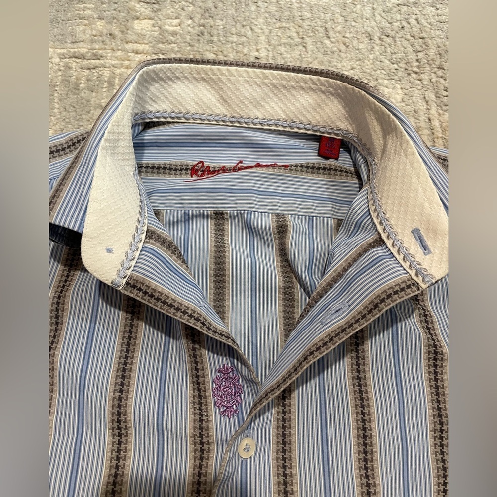 Robert Graham Dress Shirt Mens Blue Striped Flip Cuff Preppy Button Up Sz Medium - Picture 10 of 15